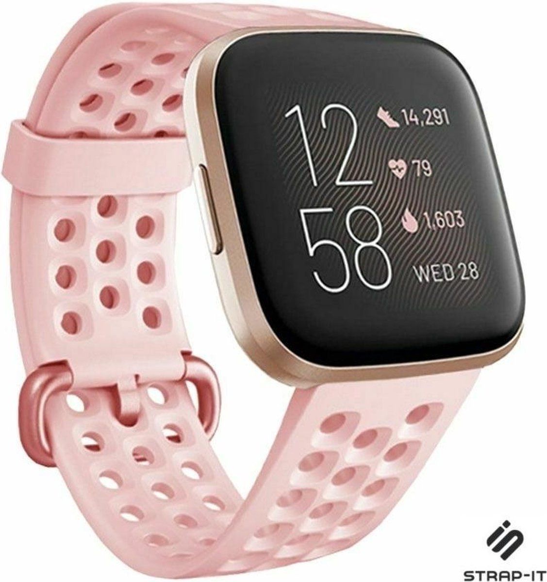 Strap-it Fitbit Versa / Versa 2 siliconen bandje met gaatjes - roze - Maat: S