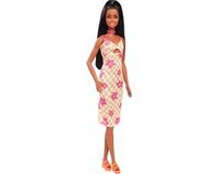 Barbie Fashionista Pop met Zwart Haar, in Midi-jurk met Oranje Ruiten en Roze Bloemen, met Ketting en Sandalen, HYT91