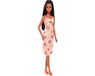 Barbie Fashionista Pop met Zwart Haar, in Midi-jurk met Oranje Ruiten en Roze Bloemen, met Ketting en Sandalen, HYT91