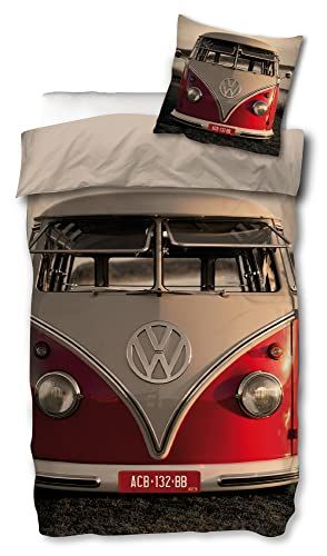BERONAGE VW Volkswagen Bulli beddengoed T1 rood 135 cm x 200 cm + 80 cm x 80 cm 100% katoen renforcé-linon-kwaliteit VW-Bus Oldtimer Retro Type 2 T2 T3 Camper Van met ritssluiting Duitse maat 049