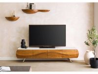Meuble TV en bois d'acacia 204x40x45 laqué naturel / marbre blanc MONTREAL #124