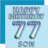 77e verjaardagskaart voor zoon - blauwe glitter feestballonnen - gelukkige verjaardagskaarten voor 77-jarige zoon van mama papa ouders, 145 mm x 145 mm verjaardagskaarten cadeau