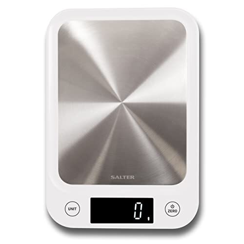 Salter 1105 SSWHDR Stainless Steel Electronic Scale, 5 KG Maximum Capacity, Digital, Slim Design, Easy to Clean, Backlit Display, Measures Liquids and Fluids, White