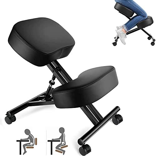 COOCHEER Kniestoel, ergonomische bureaustoel, orthopedische kruk voor thuis en op kantoor, bureaustoel met stalen frame, in hoogte verstelbaar, 4 wielen, kunstleer
