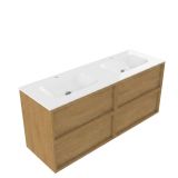 Saniclass Ensemble de meubles de salle de bain avec cadre en bois - 140x45x61.5cm - Lavabo Flow en surface solide - 2 lavabos - 2 trous de robinet - avec trop-plein - 4 tiroirs - chêne mat naturel (bois) SW1578613/SW1174117