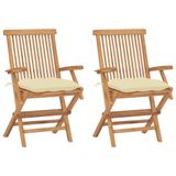 VidaXL Tuinstoelen 2 stuks met crèmewitte kussens massief teakhout