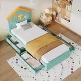 Ropilly Kinderbed Kinderbed 90x200 cm, huisbed met vier lades, bekleed kinderbed in blauwgroen met fluwelen bekleding, geschikt voor kinderen en tieners in de kinderkamer