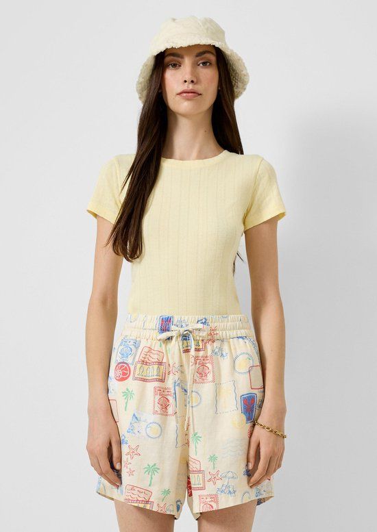 QS s.Oliver QS T-Shirt Lichtgeel Katoen Gebloemd Korte Mouw Ronde Hals Extra Kort Aansluitend M