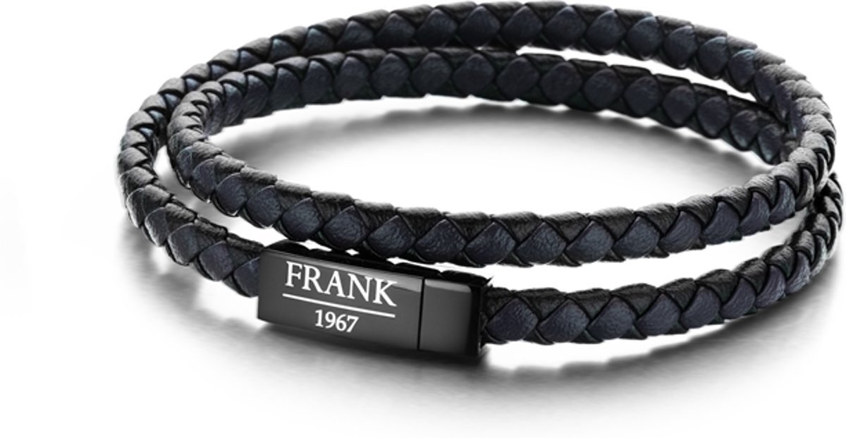 Frank 1967 7FB 0154L Heren Wikkelarmband met Staal Element - Gevlochten Leer en Dubbel Gewikkeld - Maat L - Donkerblauw / Zwart