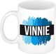 Bellatio Decorations Vinnie naam cadeau koffie mok - beker - met blauw verfstrepen - Cadeau collega - vaderdag - verjaardag - meester - coach - 300 ml - wit