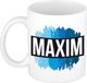 Bellatio Decorations Maxim naam cadeau koffie mok - beker - met blauw verfstrepen - Cadeau collega - vaderdag - verjaardag - meester - coach - 300 ml - wit