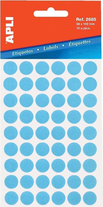 Apli ronde etiketten in etui diameter 13 mm, blauw, 175 stuks, 35 per blad