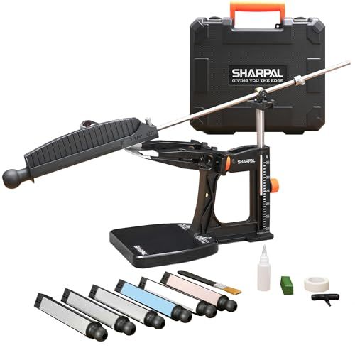 SHARPAL 202H Professioneel Messenslijpsysteem – Verstelbare Hoek 10°–35° met 7 Slijtplaten (Diamant 220/325/600/1000, Whetstones 3000/6000, Leren Strop + Polijstpasta) en Cadeau Opbergdoos