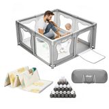 Elissio® Grondbox Baby – Inclusief Dubbelzijdige Speelmat – Baby Speelbox met 50x Speelballen - Kinderbox - Playpen - Ballenbak - 120x120 CM - Grijs