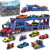 CUBIMANA Auto Transport Truck met 7 Auto's, Bouwstenen, Verstelbare Oprit, Vrachtwagen en Trailer, Educatief STEM Speelgoed