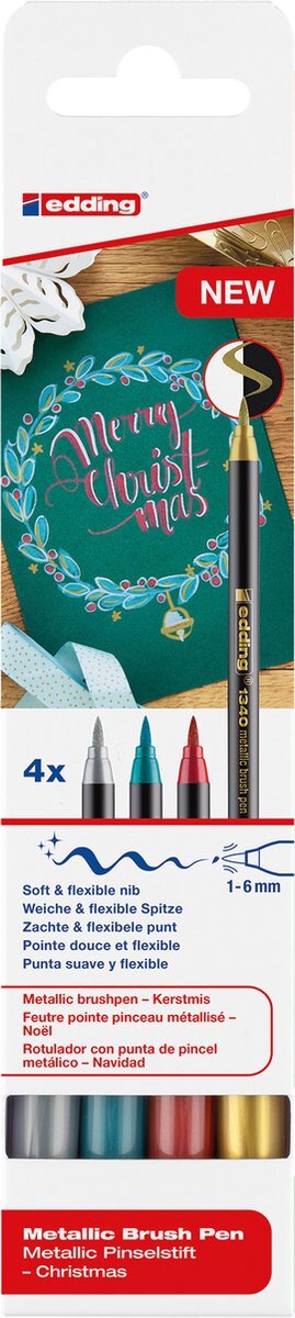 Edding metallic brushpen Christmas e-1340, assorti, set van 4 stuks