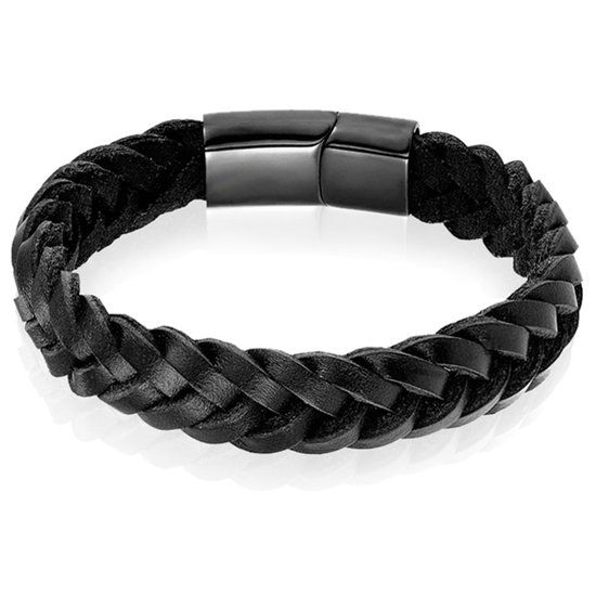LGT JWLS LGT Jewels Heren armband Gevlochten Leer Edelstaal Zwart-23cm