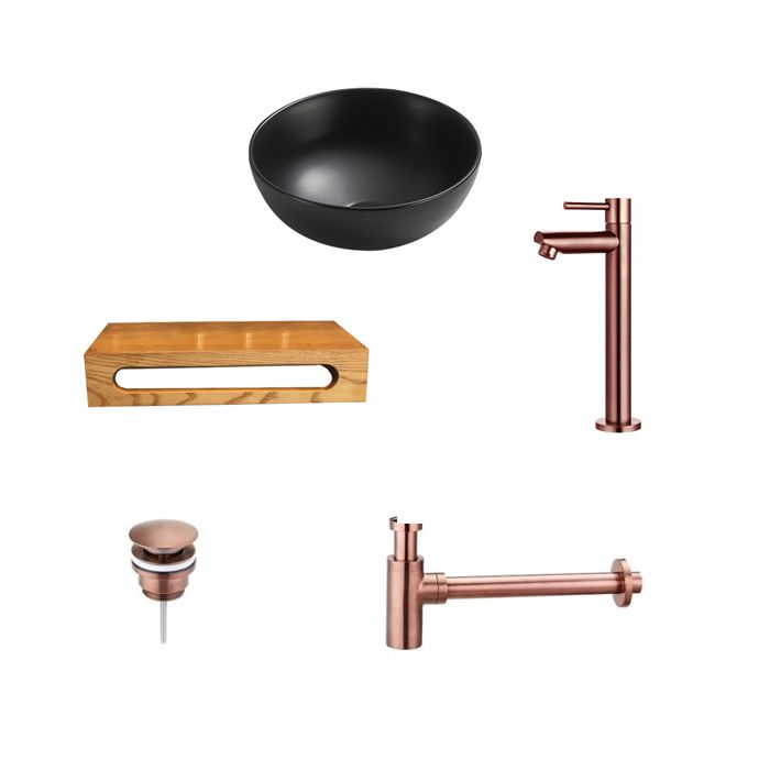 Zwarte Ronde Keramische Wastafel met Houten Plank, Kraan, Afvoer en Sifon - 40x22x8 cm
