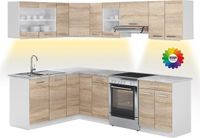 Vicco Hoekkeuken R-Line, Sonoma/Wit, 247 x 167 cm, WB Marmer met LED-strip