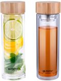 alpina Glazen Drinkfles met Filter - Waterfles Dubbelwandig 450 ml - met Bamboo Dop en Draagtasje - Theefles met Theefilter