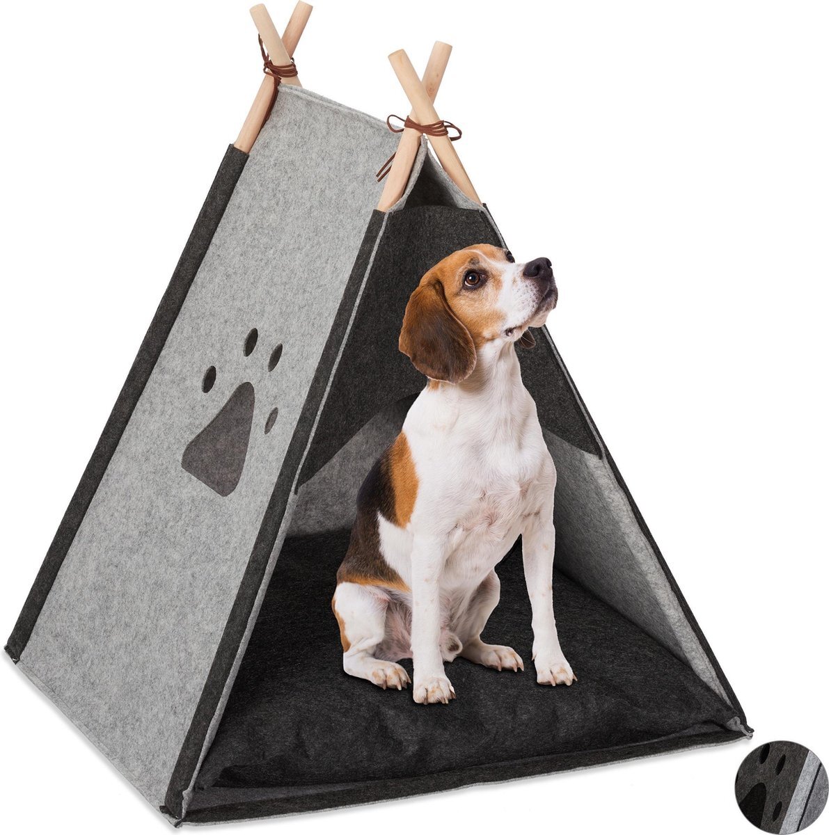 Relaxdays hondentent - kattentent - hondenmand tipi - binnen - honden tent - vilt - kussen Lichtgrijs antraciet, grijs, Lichtbruin
