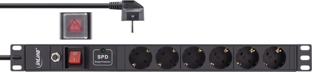 Inline 19'' stekkerdoos - 6x CEE 7/3 - met overspanningsbeveiliging en schakelaar - zwart - 2 meter