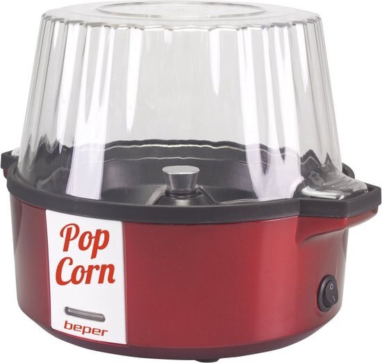 Beper P101CUD050 Popcornmachine, 700 W, antiaanbaklaag, koken met boter/olie, draaibare schep van staal, deksel verandert in een schaal, lepel inbegrepen, rood