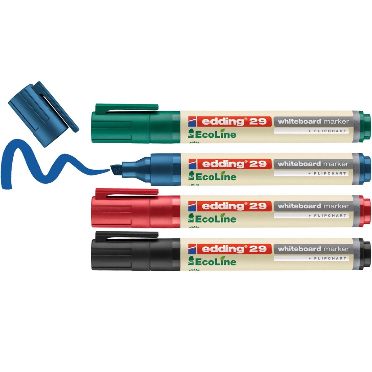 Edding 29 EcoLine Markerset, 4 Stuks, Beitelpunt, Zwart/Blauw/Groen/Rood
