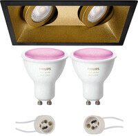 BES LED Pragmi Zano Pro - Inbouw Rechthoek Dubbel - Mat Zwart/Goud - Kantelbaar - 185x93mm - Philips Hue - LED Spot Set GU10 - White and Color Ambiance - Bluetooth