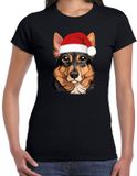 Bellatio Decorations Kerst T-shirt dames - Duitse Herdershond met kerstmuts - Zwart - M