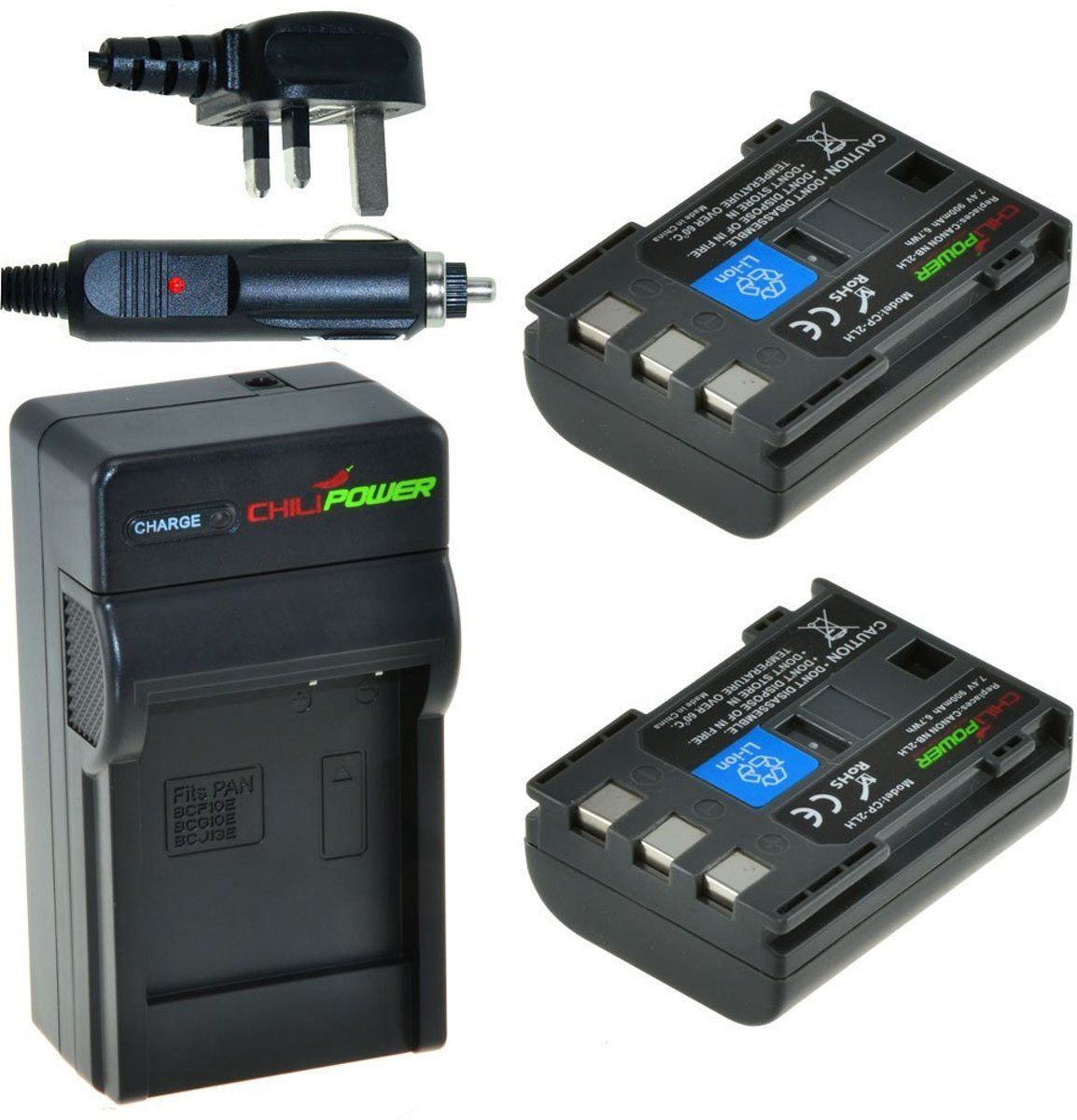 ChiliPower 2 x NB-2LH accu's voor Canon - Charger Kit + car-charger - UK version