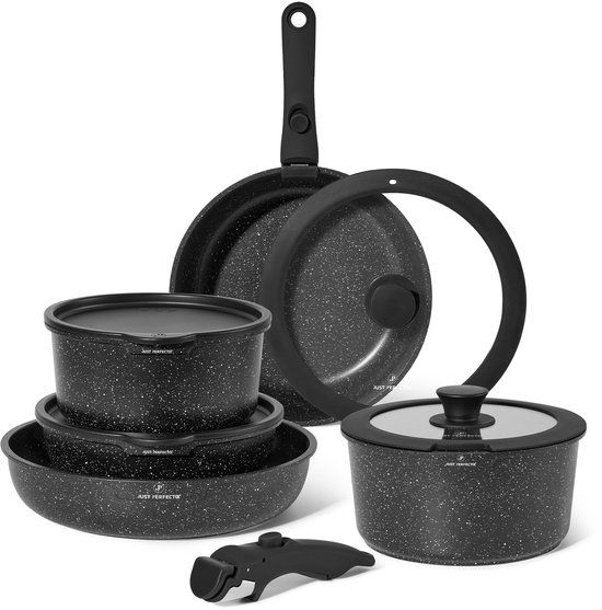 JUST PERFECTO HOUSEHOLD APPLIANCES 11-Delige Pannenset Inductie - Afneembare Handgreep - Pannenset Met Deksel Voor Alle Warmtebronnen - Pannen Zonder PFOA - PFAS
