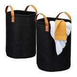 Relaxdays Wasmand 28 l, opvouwbaar, vilt, kunstlederen hengsels, bad- en slaapkamer, H x Ø: 47 x 30 cm, zwart