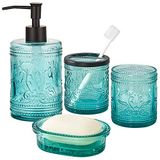4 stuks groenblauw glazen badkamer accessoires set met decoratief geperst patroon - inclusief handzeepdispenser & beker & zeepbakje & tandenborstelhouder (blauwblauw)