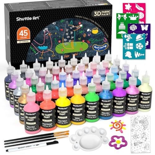 Shuttle Art 3D Textielverf Set, 45 Kleuren, Permanente Verf met Glow in the Dark, Glitter & Metallic Kleuren, Incl. Kwasten, Palet, Stofpen & Sjablonen, Geschikt voor T-shirts, Textiel, Glas & Hout