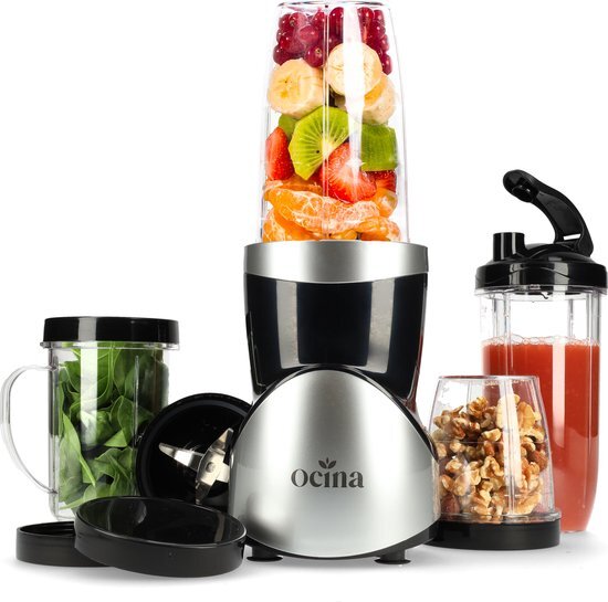 Ocina Mini Blender - Smoothie Maker - Blender To Go - 500W - 9-Delige Set - 4 Bekers - Zilver