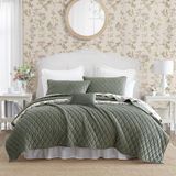 Laura Ashley Kingsize quiltset, effen fluwelen omkeerbaar beddengoed, huisdecoratie voor het hele seizoen met shams en bonus kussensloop (diamantsteek donkergroen, koning)