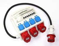 Stroomverdeler Stroomverdeeler CEE 32A, 400V, 4 x 230V, 2 x 16A, 1 x 32A, met aardlekschakelaar. Geschikt voor gebruik op bouwplaatsen