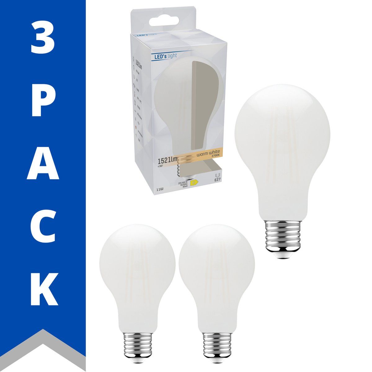 LED.nl ProPower LED Lamp E27 met melkglas - 11W vervangt 100W - 3 stuks