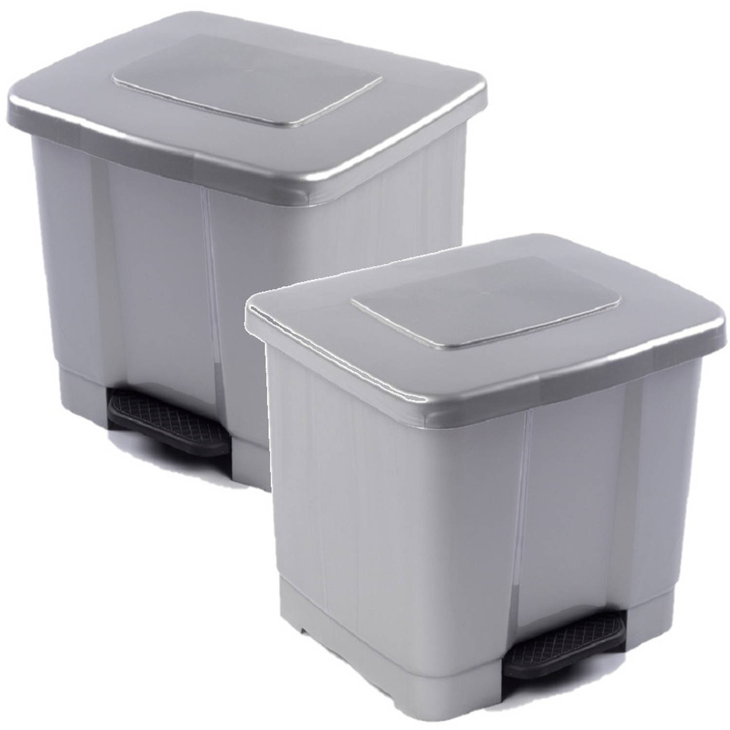 Forte Plastics 2x stuks dubbele afvalemmer/vuilnisemmer 35 liter met deksel en pedaal - Zilver- vuilnisbakken/prullenbakken - Kantoor/keuken