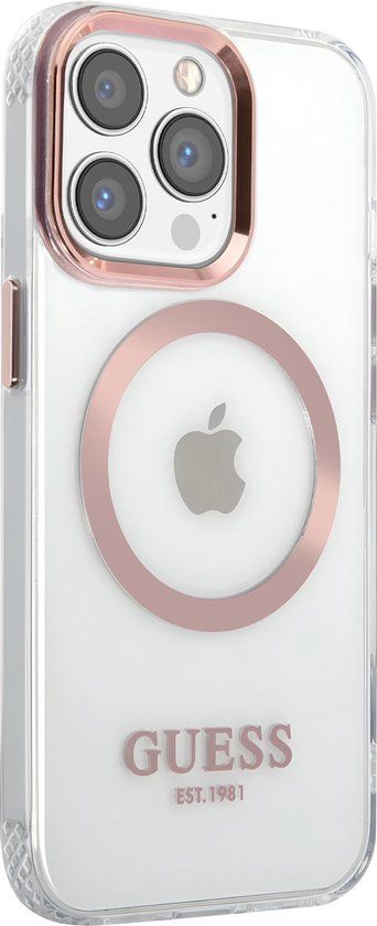 Guess Apple iPhone 14 Pro Max TPU Back Cover Magsafe Telefoonhoesje - Roze, Transparant