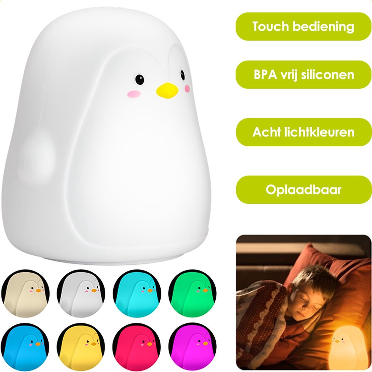 Powteq Pinguïn nachtlampje - Oplaadbaar - Draadloos - 9 lichtkleuren - Babykamer lampje - Zacht materiaal - Droomvoeding lamp