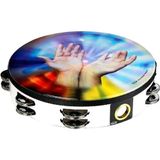 Remo World Percussion Lofprijzing Tambourijn 10" Dubbelrijig – Motief: ontvangende handen, Acousticon frame, Wit, 8 jingle-paren, Vast voorgestemd, Lichtgewicht – TA-9210-00-21