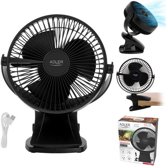 Adler Bureau ventilator met klem - Oplaadbaar USB-C - 15,5 cm - 360° draaibaar - Zwart
