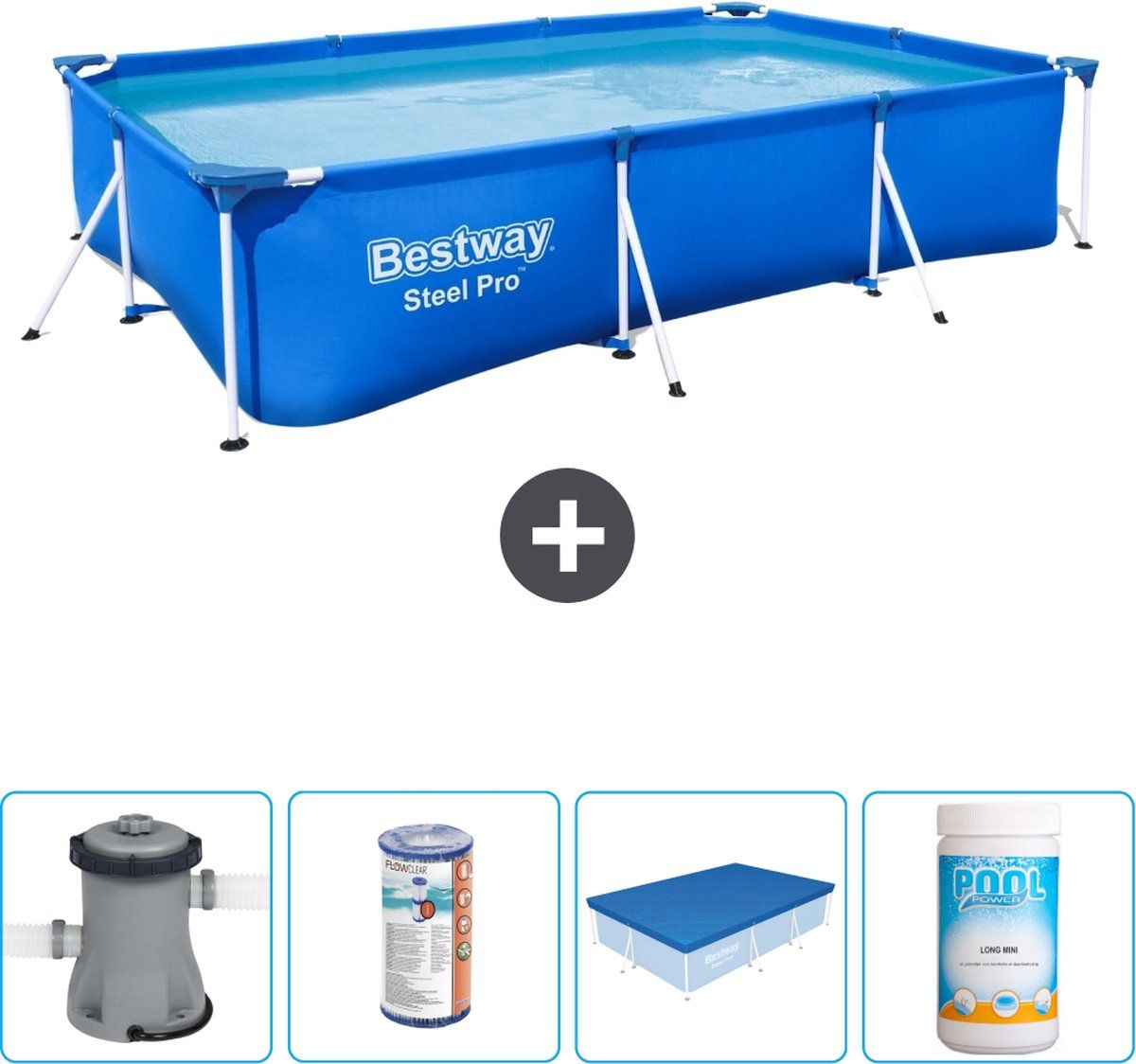 Bestway Steel Pro Rechthoekig Zwembad - 300x201x66cm - Blauw - Incl. Filterpomp & Afdekzeil