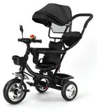 Tricycle pour bébé avec barre de poussée - Siège pivotant - Pliable - Capote - Noir