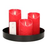 Plateau à bougies rond noir en plastique D33 cm avec 3 bougies LED rouges 10/12,5/15 cm - Décoration de table