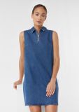 Comma Robe Bleu Coton Manches Longues Col Classique Fermeture Éclair Uni Mi-mollet Taille 40