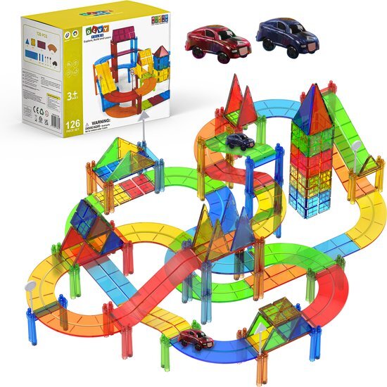 Olvy Magnetic Tiles Racebaan - 126 Stuks - Magnetisch Speelgoed - Magnetische Tegels - Educatief & Constructie - Auto's - Montessori - Bouwstenen - Bouwblokken - Voor 3, 4, 5, 6, 7, 8, 9 Jaar - Bouw je Magna Wereld - Kinderen - Olvy