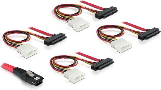 DeLOCK Mini-SAS SFF-8087 naar 4x SAS SFF-8482 + 4x Molex - 1 meter - Rood